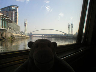 Mr Monkey looking at the footbridge between the Lowry and Trafford Wharf