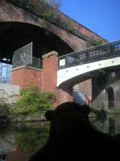 Mr Monkey looking at a modern footbridge over the Bridgewater Canal