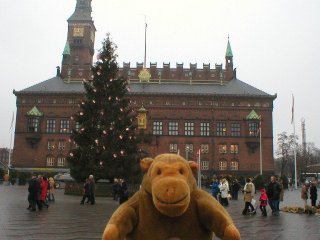 Mr Monkey in front of the Town Hall by day