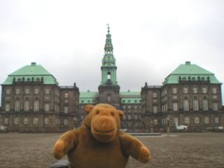 Mr Monkey in the main court yard of the Christiansborg palace