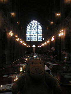 Mr Monkey looking toward the west end of the Reading Room
