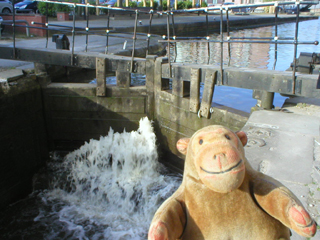 Mr Monkey looking at the water pouring through the gate of Lock 84
