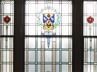 Fleetwood's coat of arms in stained glass