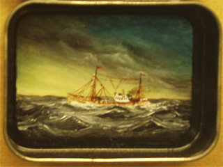 A trawler painted inside a tobacco tin