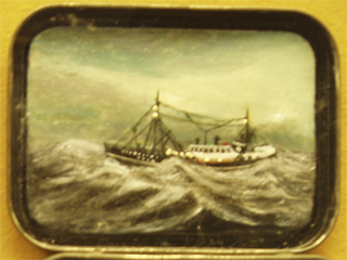 A trawler painted inside a tobacco tin lid