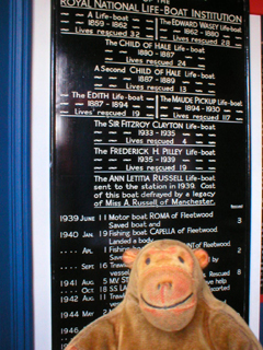 Mr Monkey looking at the service record of the Fleetwood lifeboat