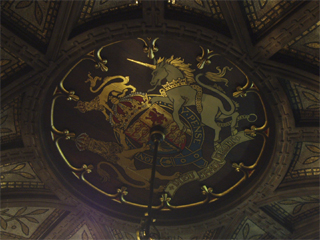 The Royal arms on the ceiling of the entrance of the Town Hall