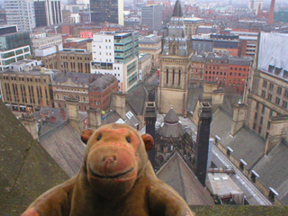 Mr Monkey looking at the Town Hall from the clock tower
