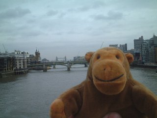 Mr Monkey looking towards Tower Bridge from the Millennium Bridge