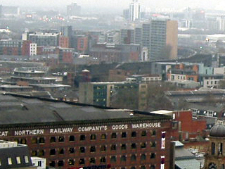 The Great Northern warehouse and the railway viaduct out of Manchester