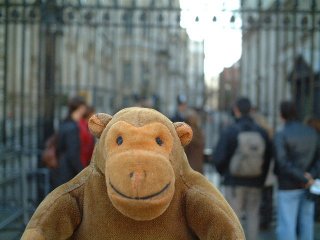 Mr Monkey in front of the gates of Downing Street