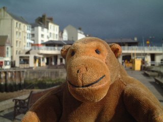 Mr Monkey on the prom with dark clouds behind him