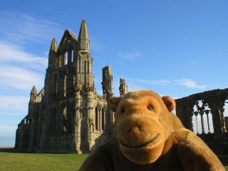 Mr Monkey in front of the North side of Whitby abbey