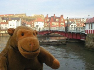 Mr Monkey in front of the swing bridge in Whitby