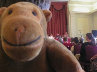 Mr Monkey at the Agatha Christie quiz (visible on stage Natasha Cooper, Robert Barnard, Mark Billingham)