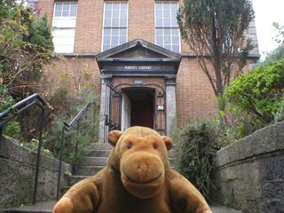 Mr Monkey outside Marsh's Library