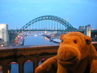 Mr Monkey looking at the Tyne bridge from the High level Bridge