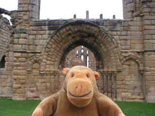 Mr Monkey in front of the ruins of Tynemouth priory