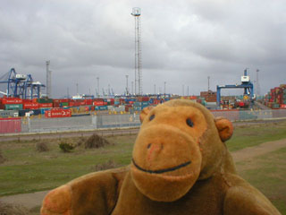 Mr Monkey and the landward side of Felixstowe Docks