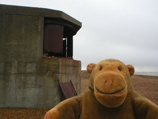 Mr Monkey beside an abandoned gun emplacement