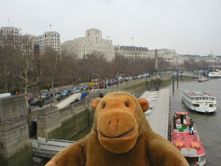 Mr Monkey looking along the Embankment to Blackfriars