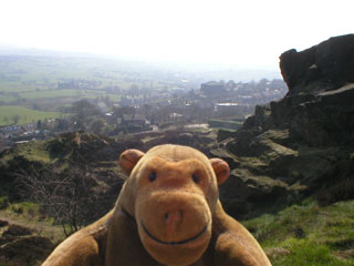 Mr Monkey looking down from Mow Cop
