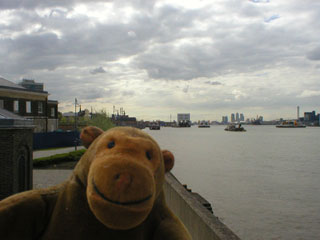 Mr Monkey walking towards the Woolwich Ferry