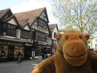 Mr Monkey in front of a timbered building