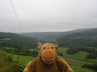 Mr Monkey looking down the pass towards Aberystwyth
