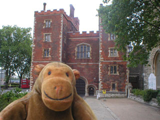 Mr Monkey outside the gatehouse of Lambeth Palace
