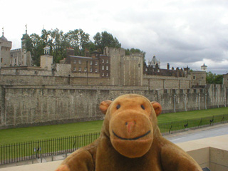 Mr Monkey looking at west wall of the Tower of London