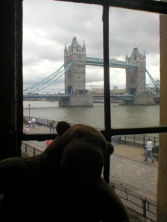 Mr Monkey looking out of the window at Tower Bridge
