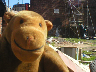 Mr Monkey looking at a Swoon piece across a derelict site