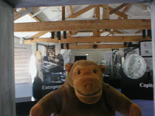 Mr Monkey in front of an exhibition on entrepreneurs, capital and location