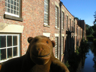 Mr Monkey looking from a little bridge over the Bollin, with the mill on his left