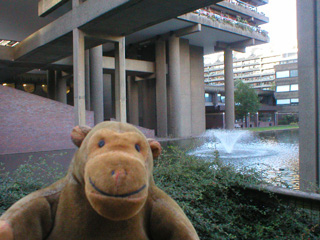 Mr Monkey looking at a fountain surrounded by modern buildings