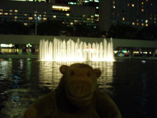 Mr Monkey in front of the fountains in Nathan Philip Square