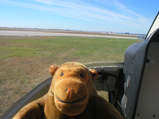 Mr Monkey in the front passenger seat of a helicopter