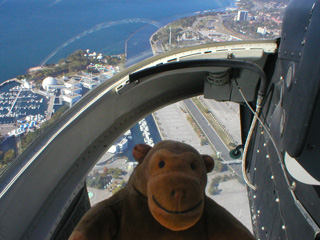 Mr Monkey in a helicopter over Ontario Place