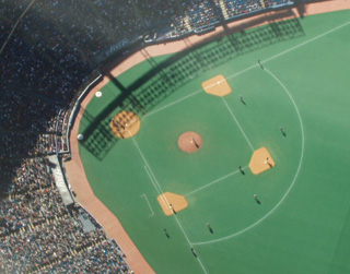 Close up of a baseball match viewed from above