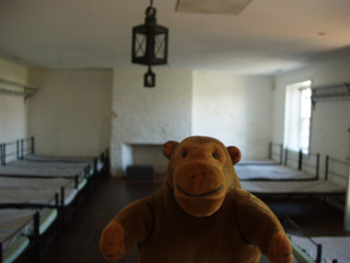 Mr Monkey in a barracks of camp beds