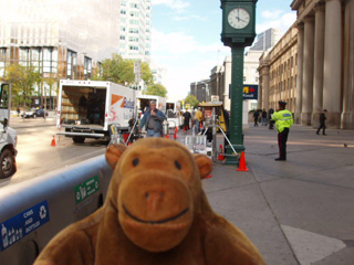 Mr Monkey looking at film trucks at Union Station