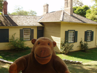 Mr Monkey in of a yellow wooden house with green shutters