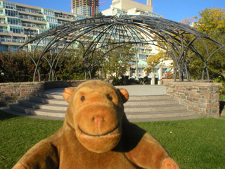 Mr Monkey in front of the steel pavilion