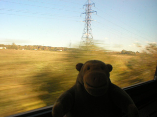 Mr Monkey looking at fields from his train