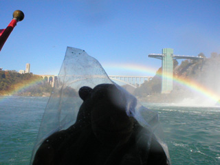 Mr Monkey looking back at a rainbow and the Rainbow Bridge