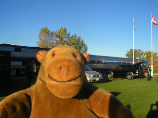 Mr Monkey in front of the train to Toronto