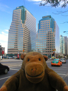Mr Monkey looking at the CN Tower refelected on Queens Quay office blocks 