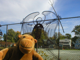 Mr Monkey with a metal sculpture on a fence