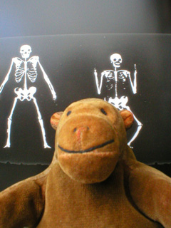 Mr Monkey in front of a magic lantern slide of a dancing skeleton